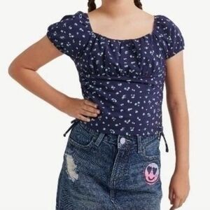 Justice Girls Navy Floral Puff Short Sleeve Cropped Cinched Side Top Size M (10)